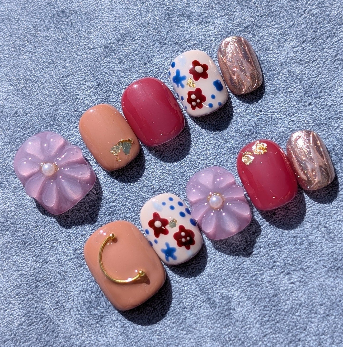 Red Purple 3D Blush Geisha Mauve Extra Short Round Shaped Press On Nails