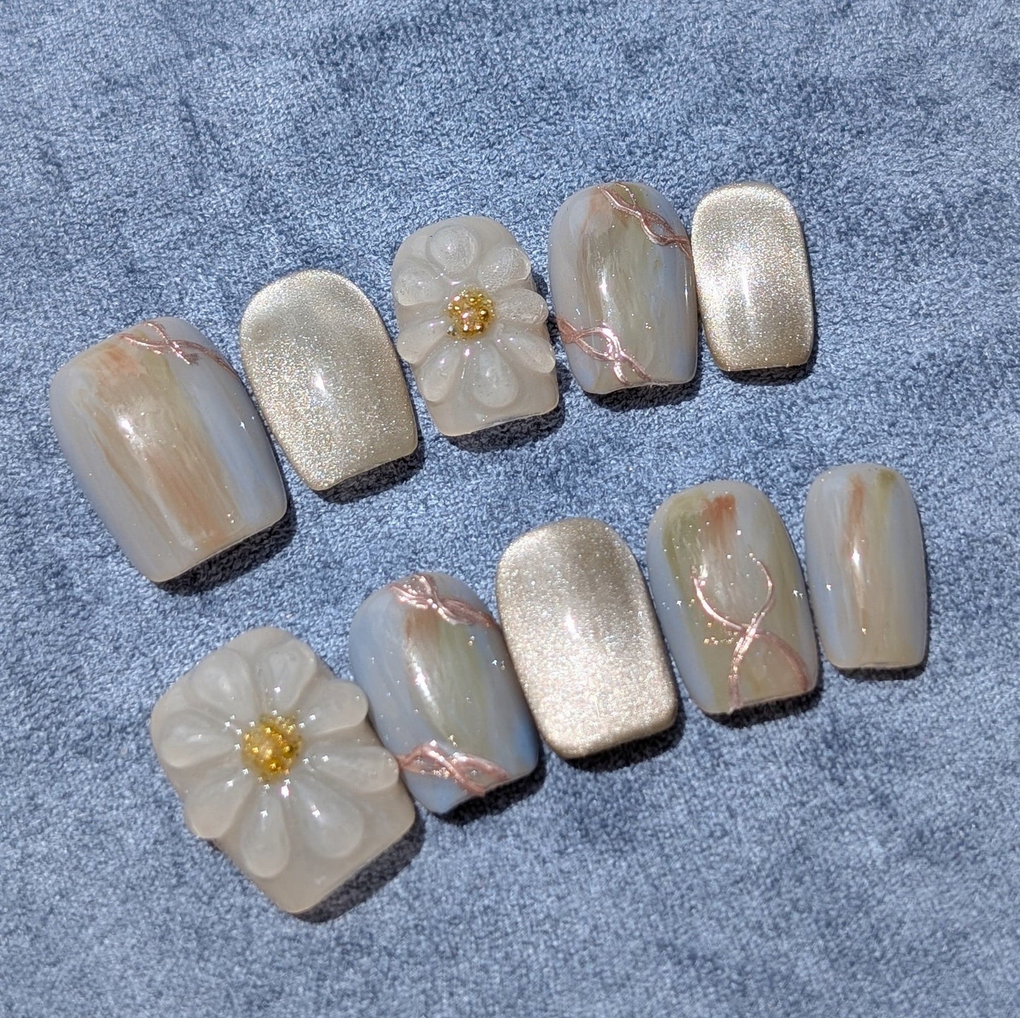 Beige Green 3D Emerald Garden Green Extra Short Round Shaped Press On Nails