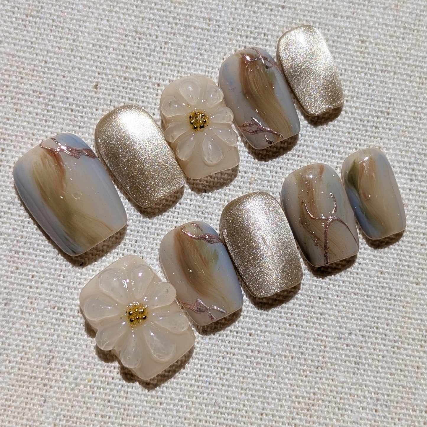 Beige Green 3D Emerald Garden Green Press On Nails Extra Short Round