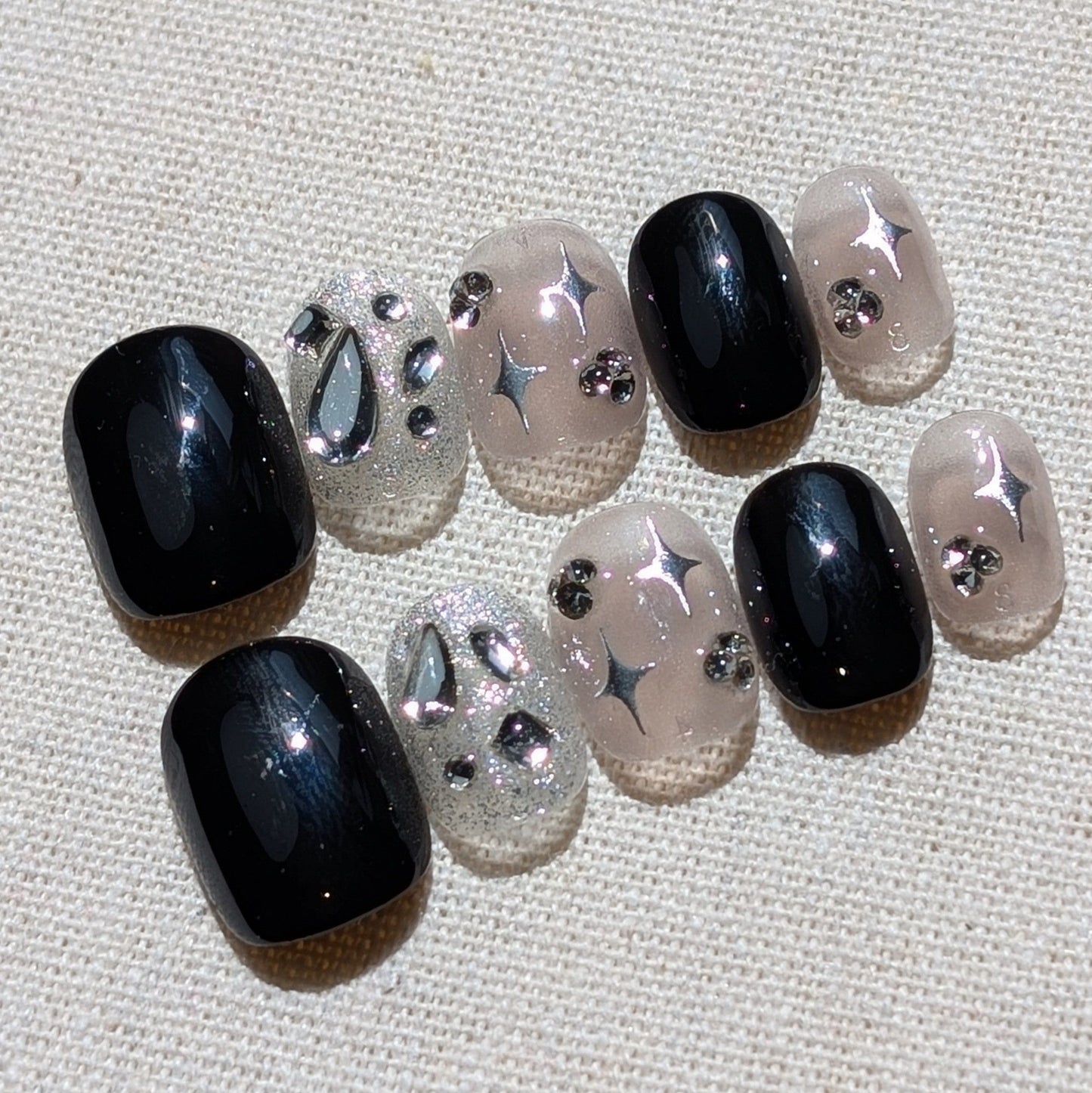 Black Glitter Starlit Noir Black & Silver Press-On Nails – Extra Short Round