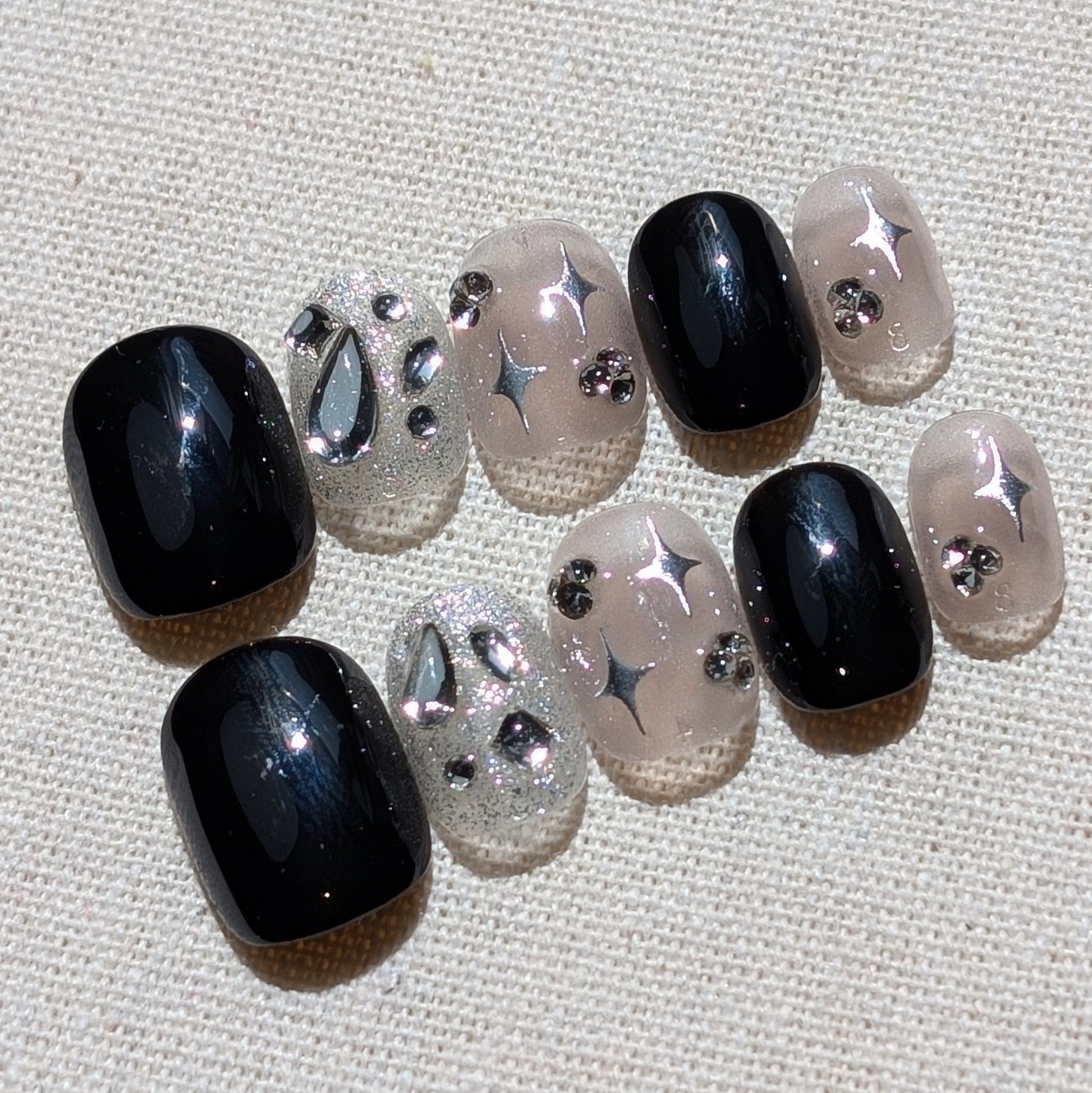 Black Glitter Starlit Noir Black & Silver Press-On Nails – Extra Short Round