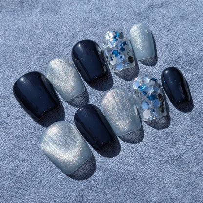 Blue Hour Navy Silver Press On Nails Short Square Shaped