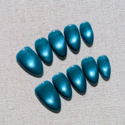 Calm Storm handmade ocean blue cat eye press on nails in short almond