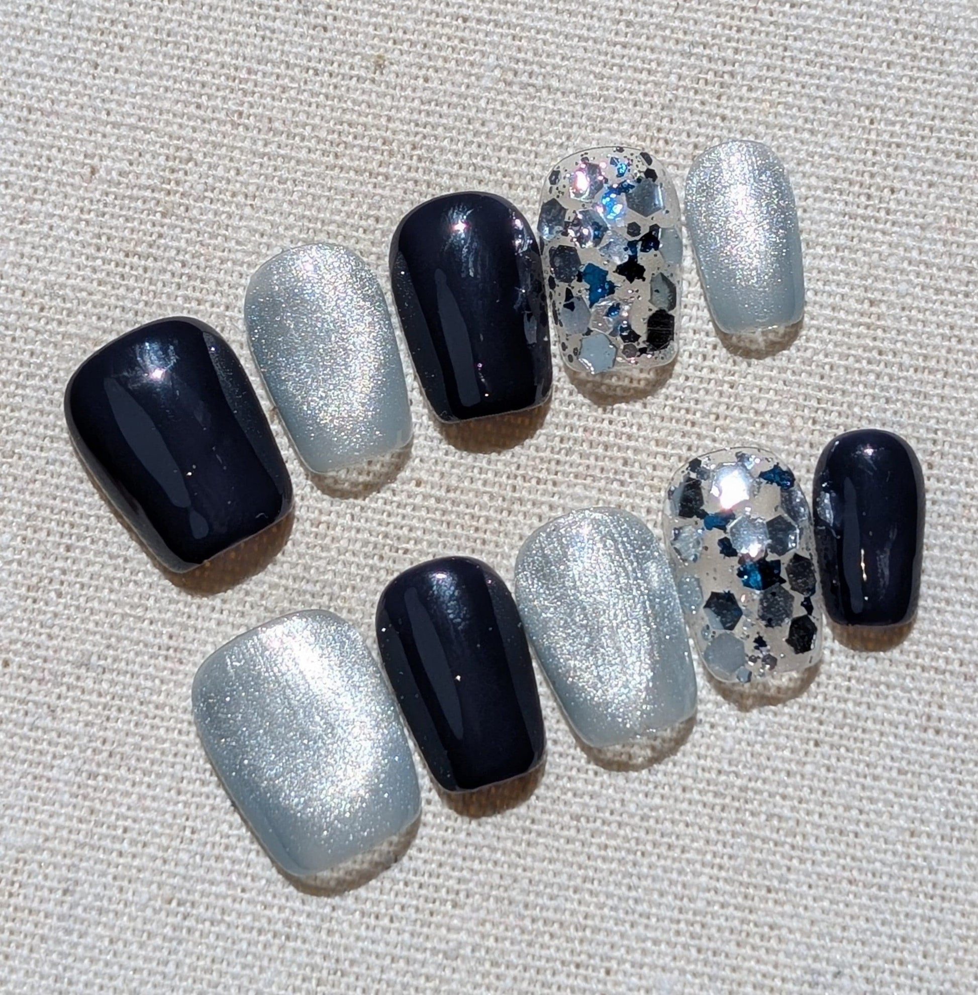 Blue Hour Navy Silver Short Square Shaped Press On Nails
