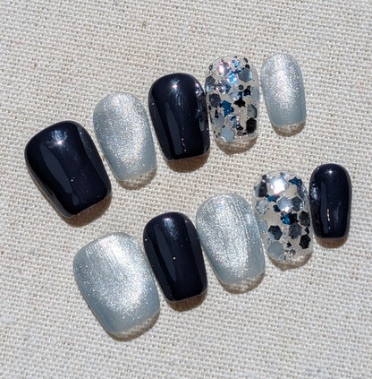 Blue Hour Navy Silver Short Square Shaped Press On Nails