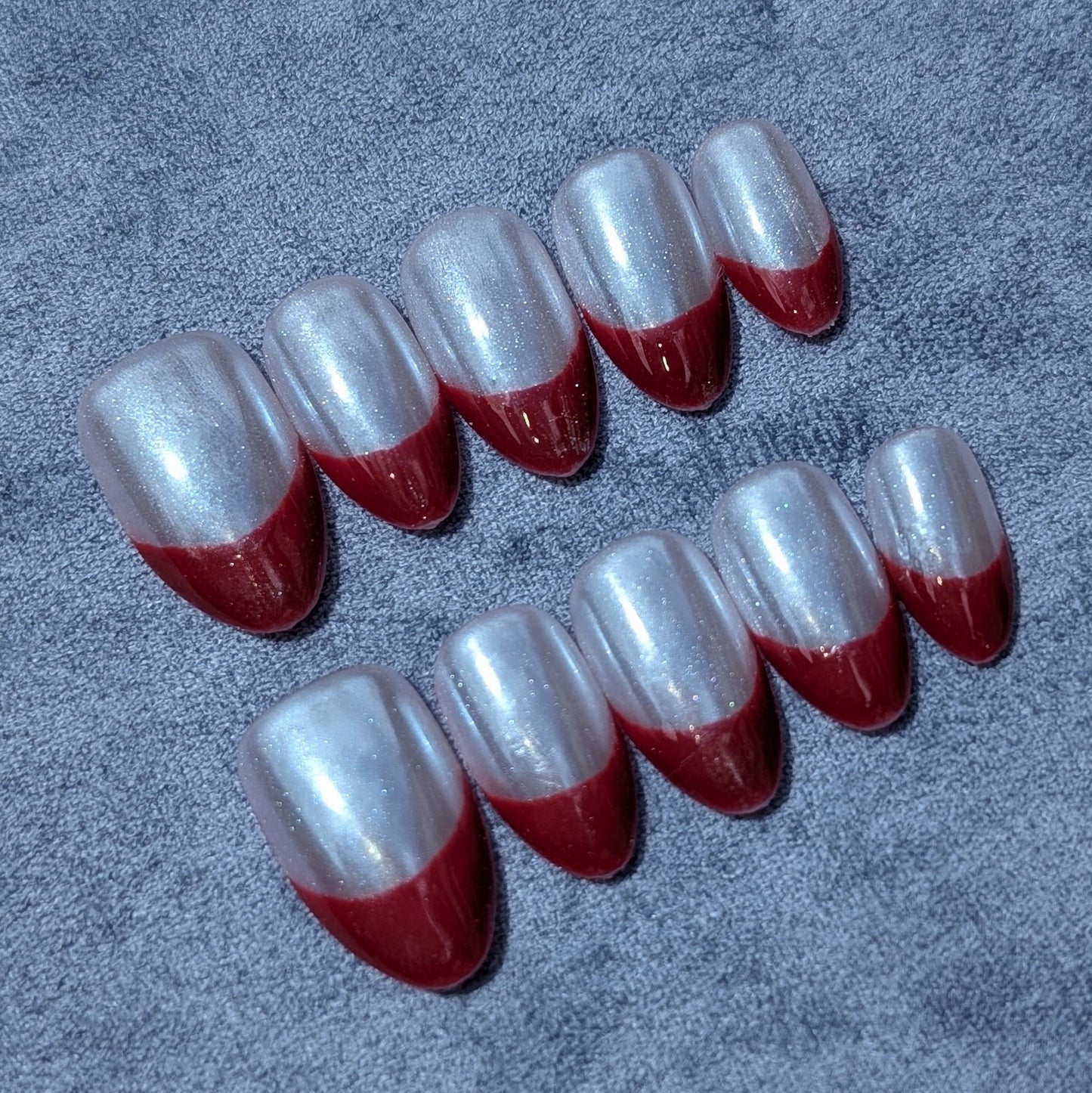 Chrome Red Tip Raffine Silver Red Press On Nails Short Almond Shaped