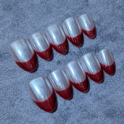 Chrome Red Tip Raffine Silver Red Press On Nails Short Almond Shaped