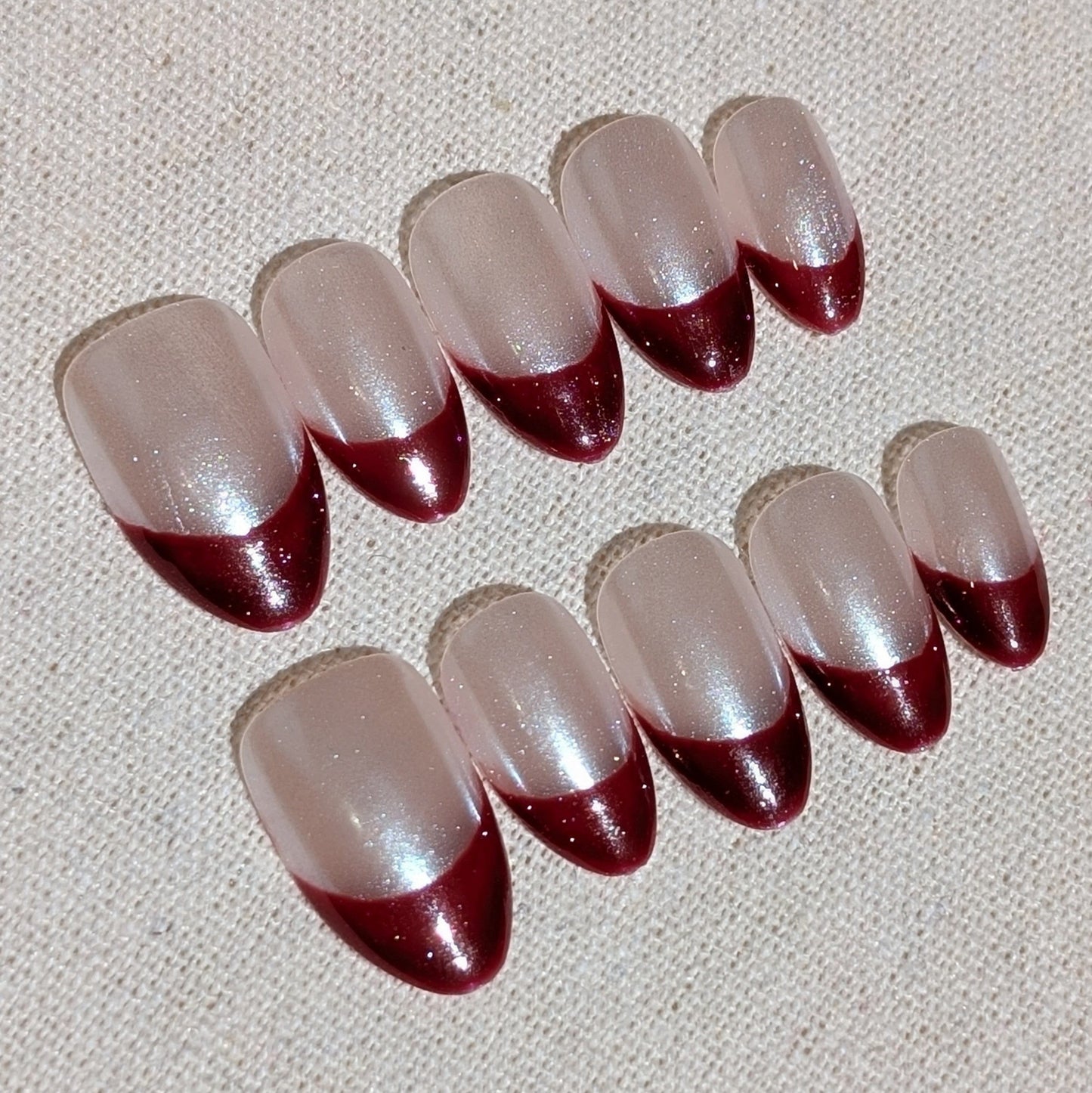Chrome Red Tip Raffine Silver Red Short Almond Shaped Press On Nails