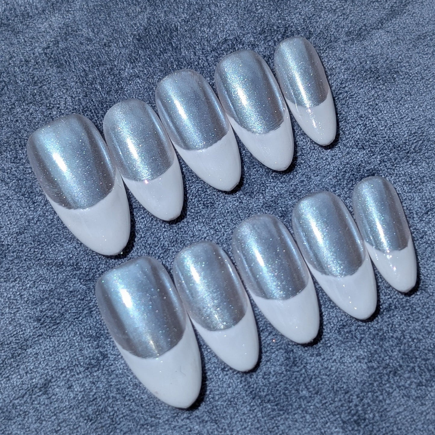 Chrome White Tip Elegance Silver Press On Nails Short Almond Shaped