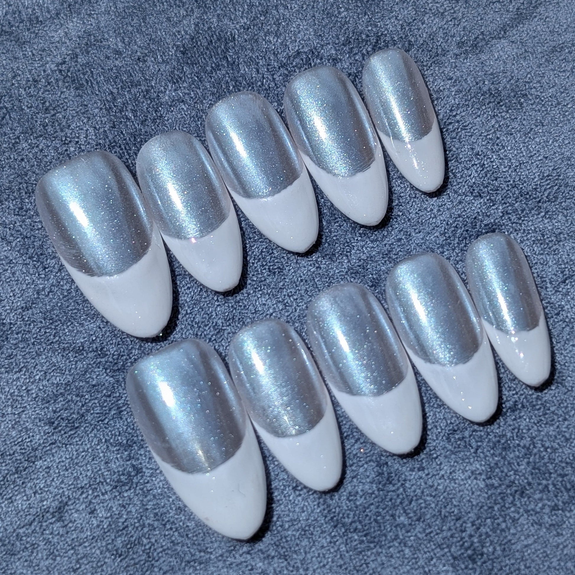 Chrome White Tip Elegance Silver Press On Nails Short Almond Shaped