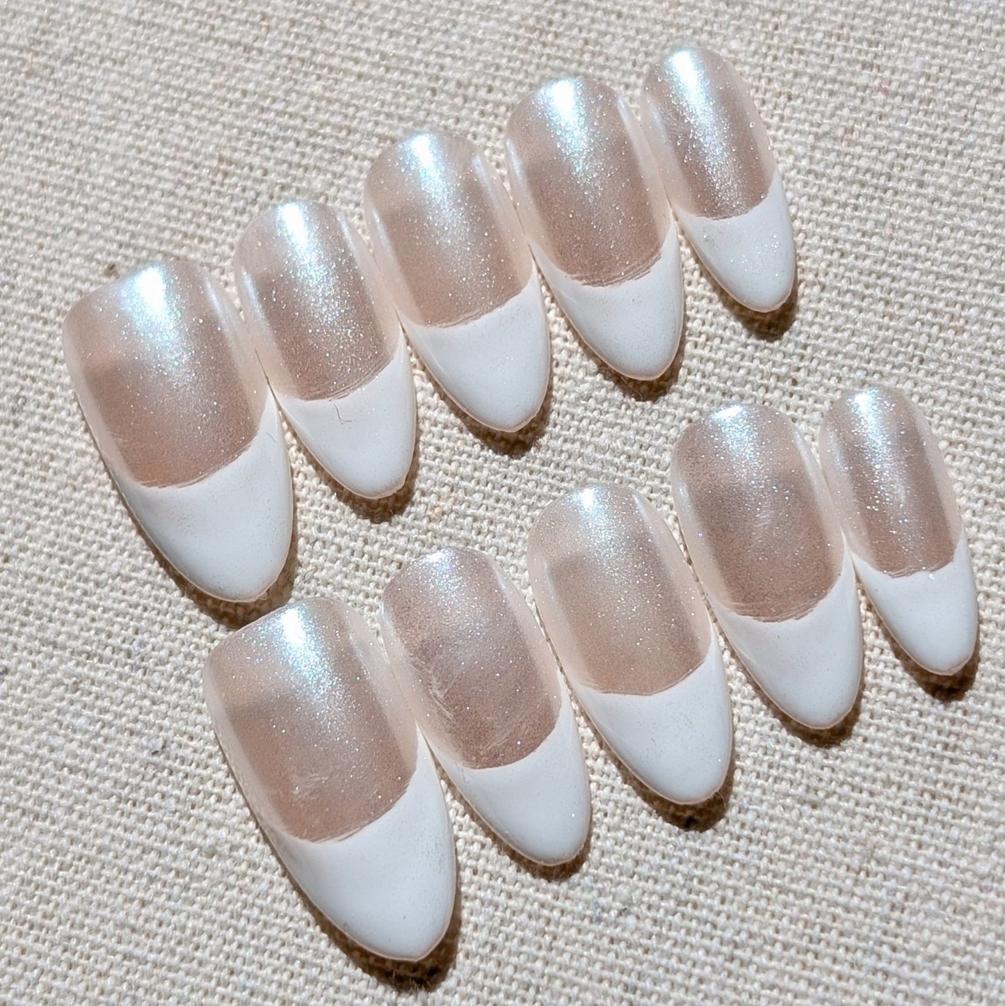 Chrome White Tip Elegance Silver Short Almond Shaped Press On Nails