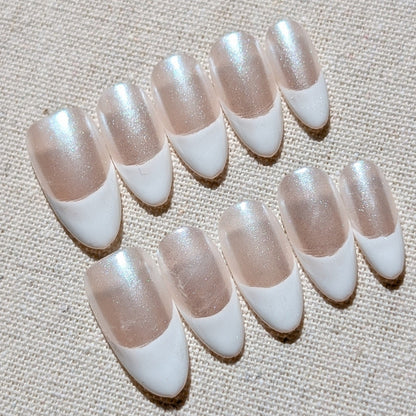 Chrome White Tip Elegance Silver Short Almond Shaped Press On Nails