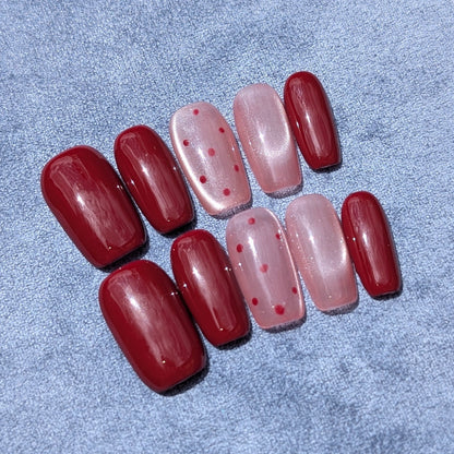 Dark Red Dots Polka Nuit Red Medium Square Press On Nails