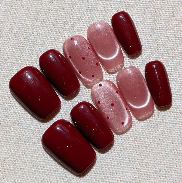 Dark Red Dots Polka Nuit Red Press On Nails Medium Square Shaped