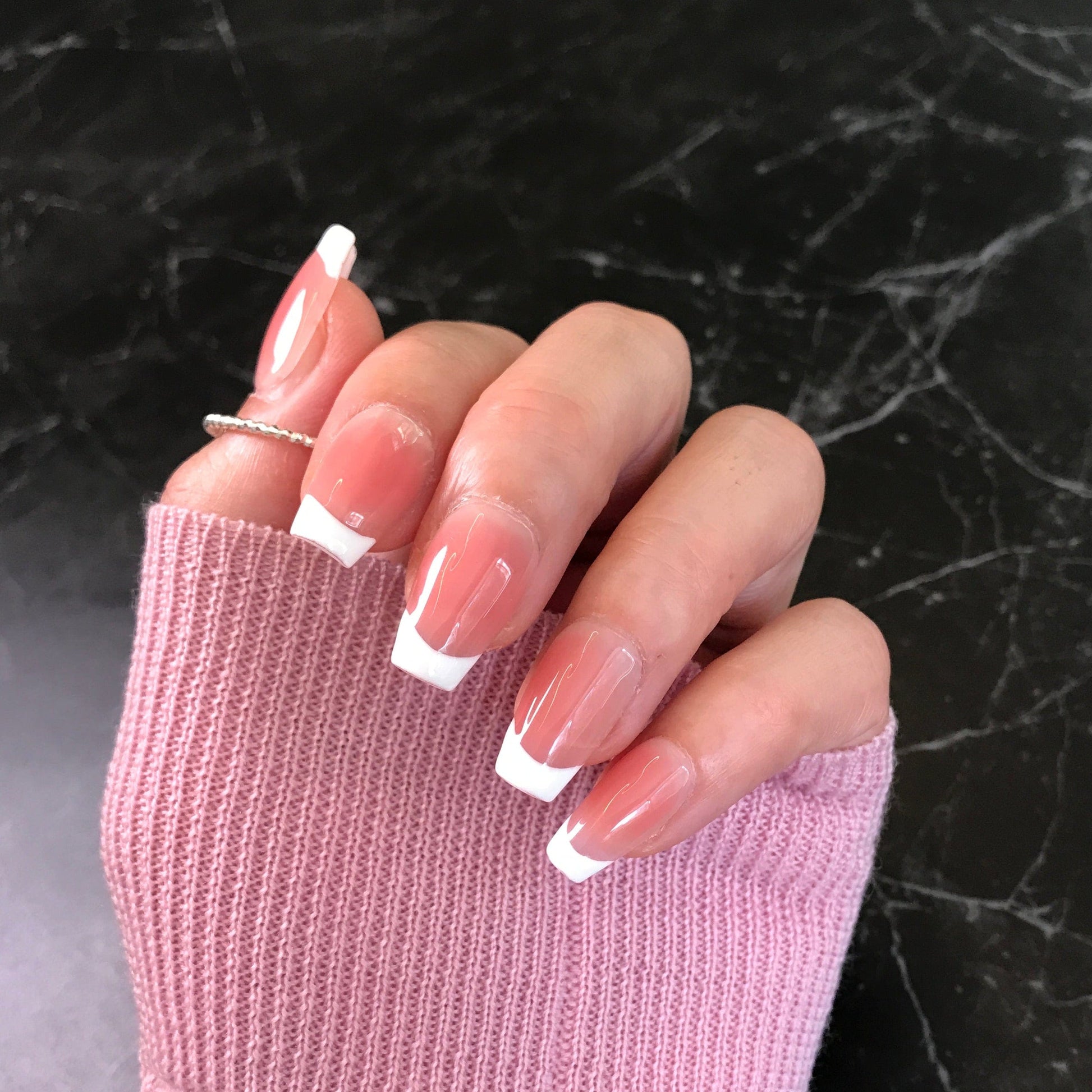 Salon quality, handmade French style press-on nails in medium square