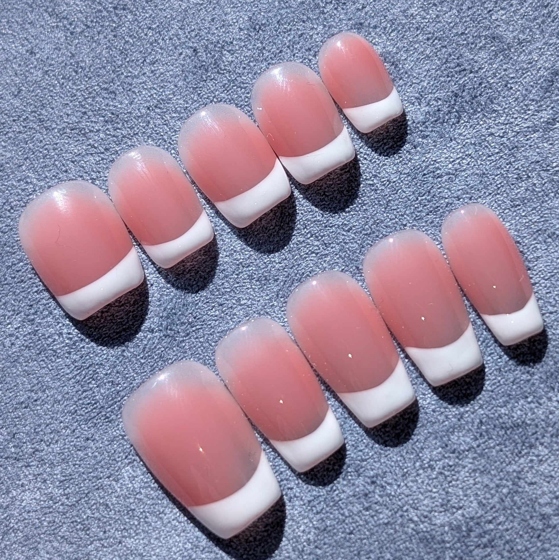 French White Lumiere Pink White Press On Nails Medium Short Square Shaped