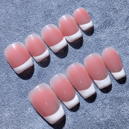 French White Lumiere Pink White Press On Nails Medium Short Square Shaped