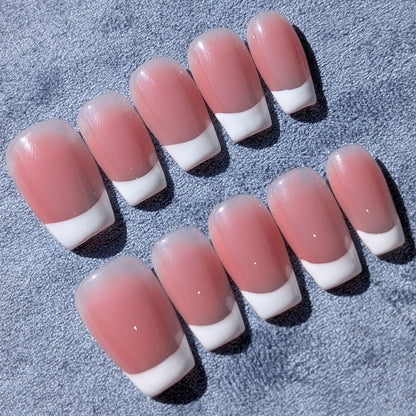French White Lumiere Pink White Press On Nails Medium Square Shaped