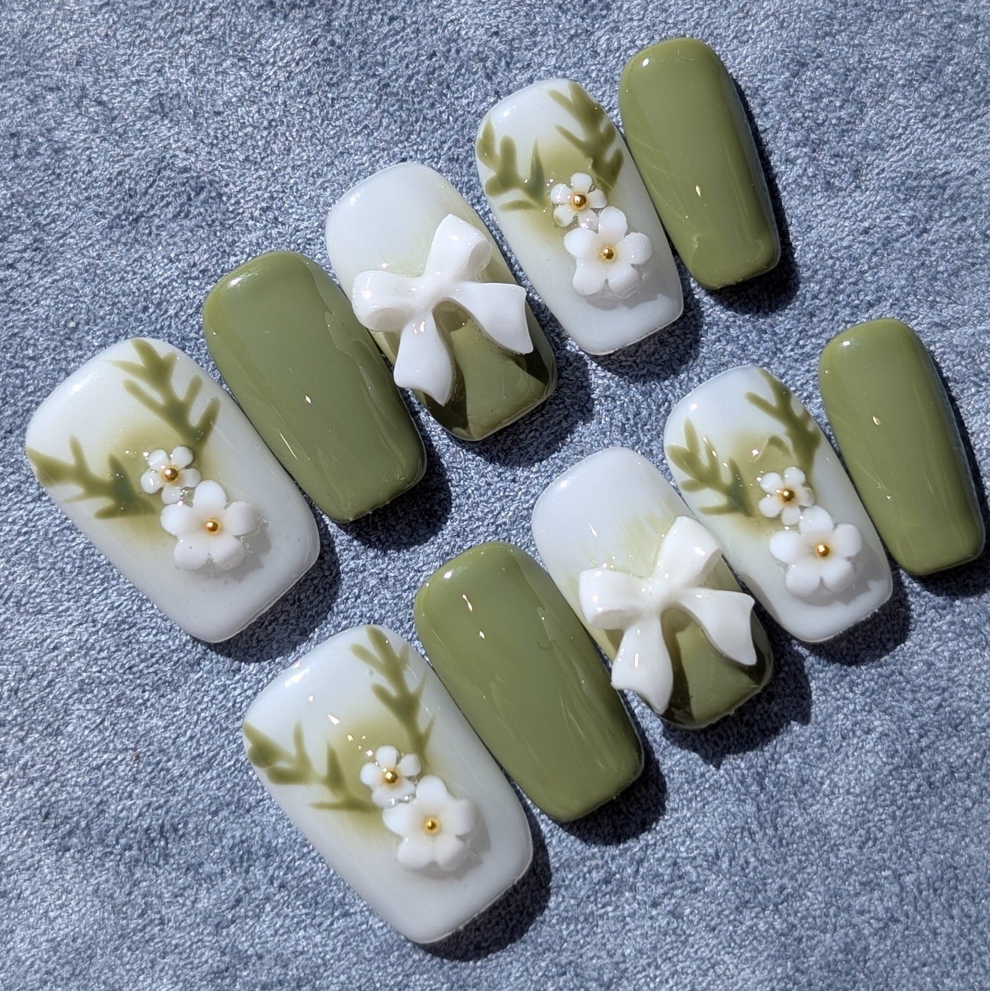 Green Deer White Hart Green White Medium Square Press On Nails
