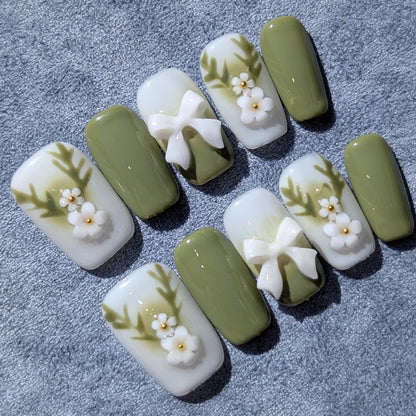 Green Deer White Hart Green White Medium Square Press On Nails