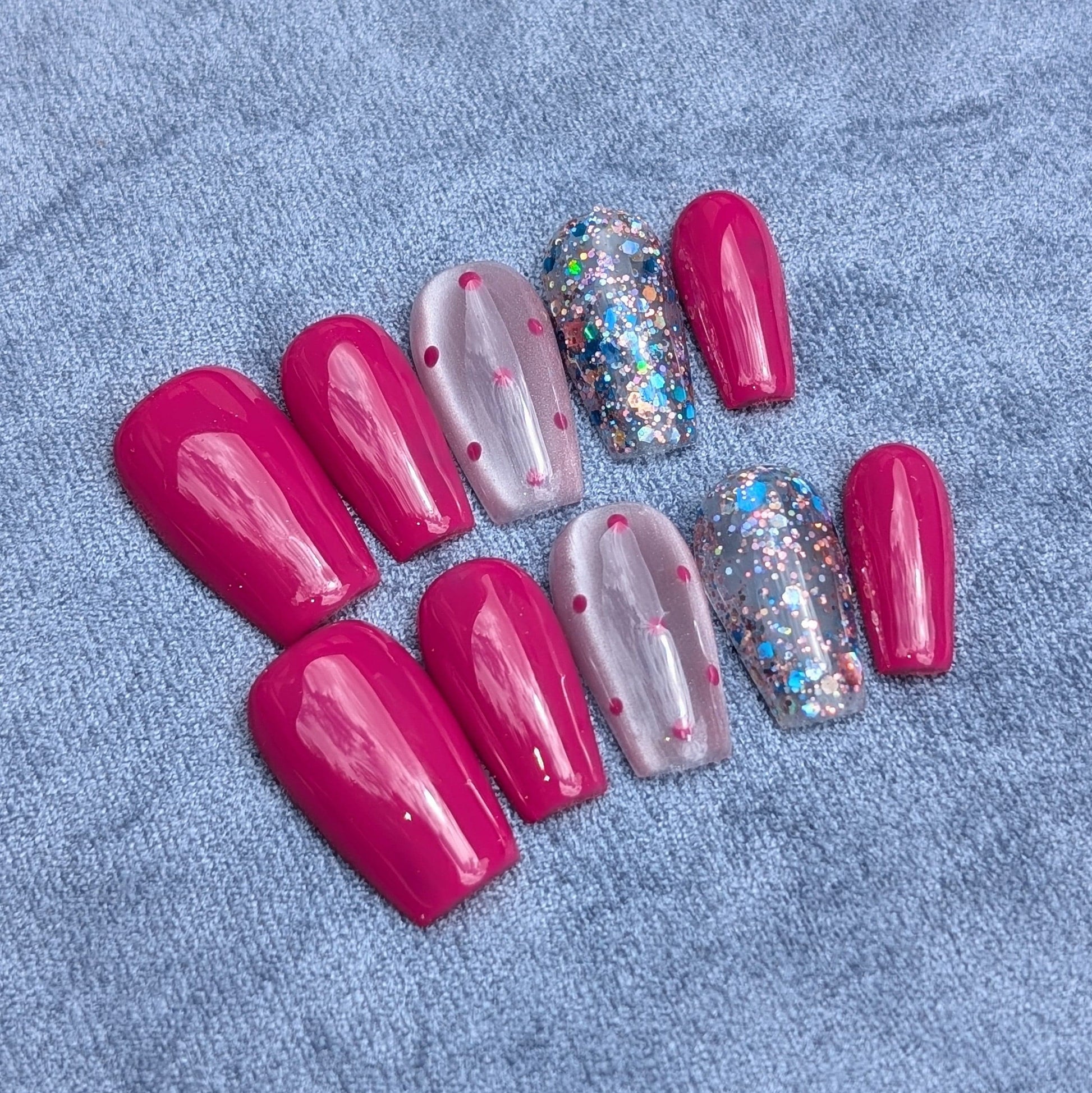 Hot Pink Sparkle & Dots Flirtini Hot Pink Medium Square Press-On Nails