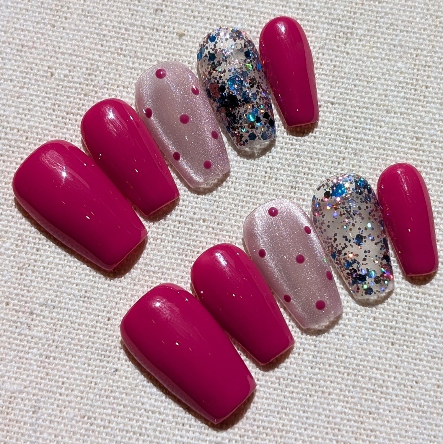 Hot Pink Sparkle & Dots Flirtini Hot Pink Press-On Nails - Medium Square Shaped