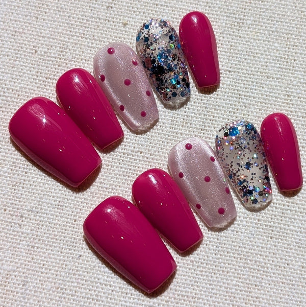 Hot Pink Sparkle & Dots Flirtini Hot Pink Press-On Nails - Medium Square Shaped
