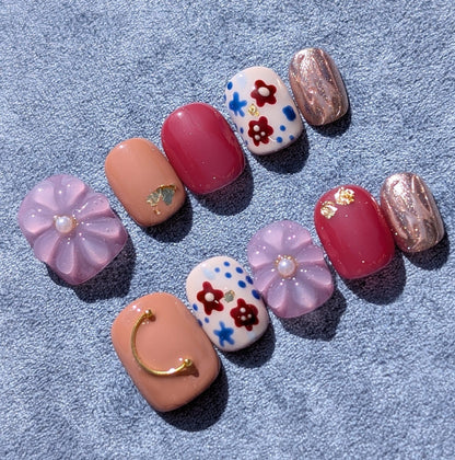 Red Purple 3D Blush Geisha Mauve Extra Short Round Shaped Press On Nails