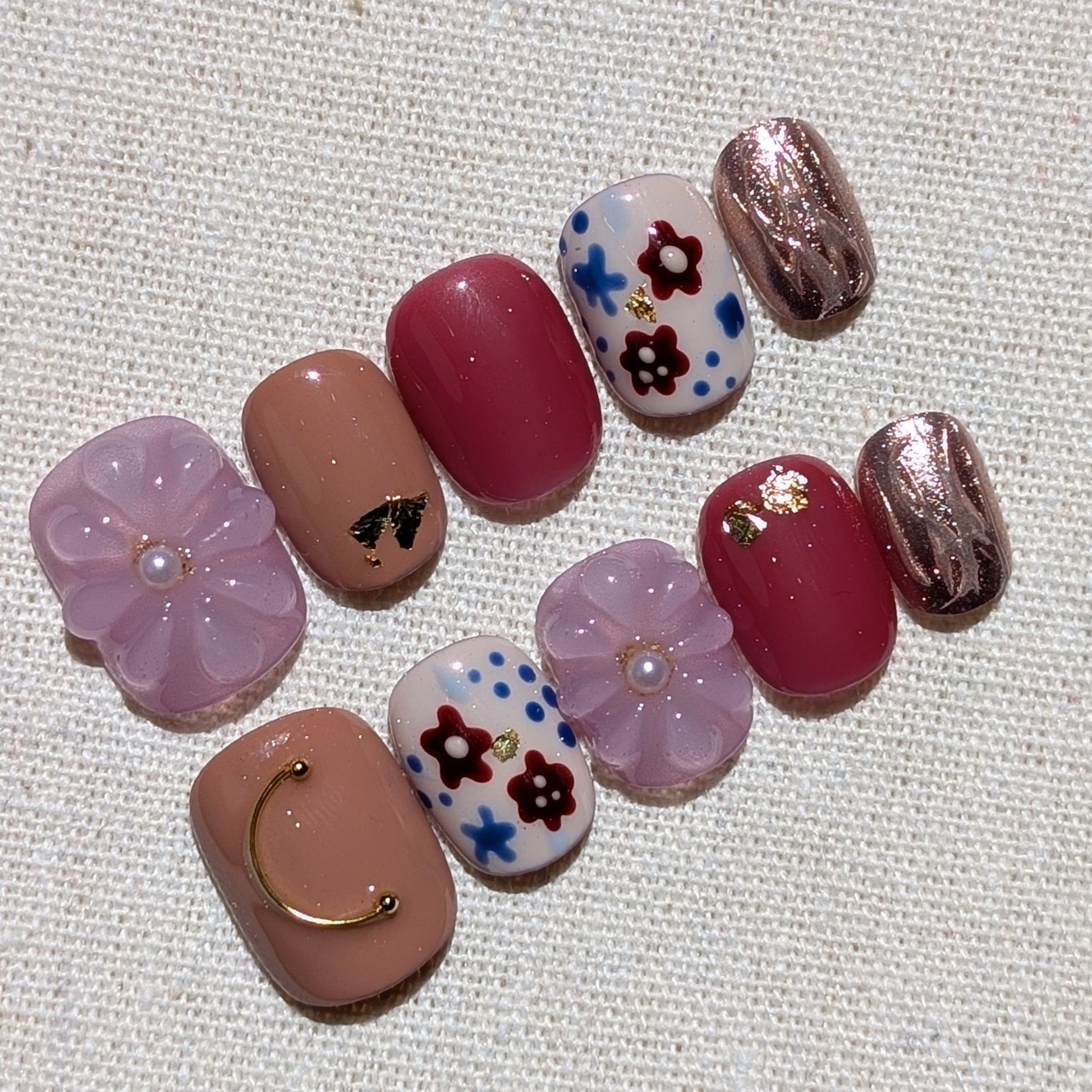 Red Purple 3D Blush Geisha Mauve Press On Nails Extra Short Round