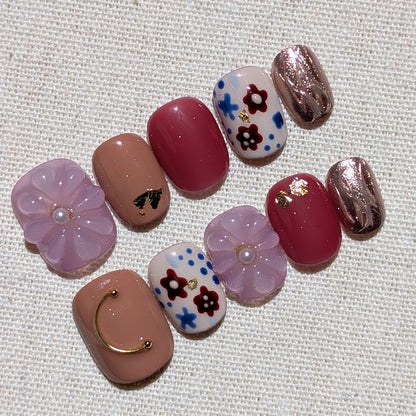 Red Purple 3D Blush Geisha Mauve Press On Nails Extra Short Round