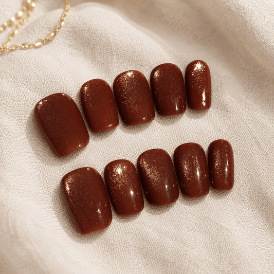 Calm Storm handmade press-on nails in a glossy dark brown color with a subtle gold shimmer.
