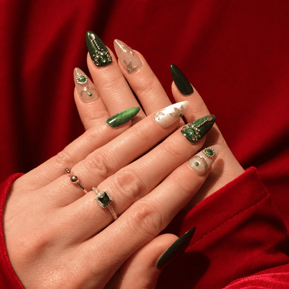 Calm Storm premium handmade press-on nails in emerald green featuring silver beads, diamonds and floral design.