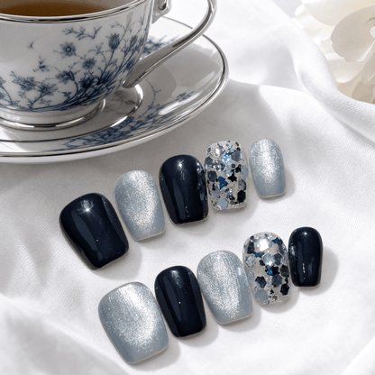 Calm Storm handmade press on nails in indigo and silver in short square. 