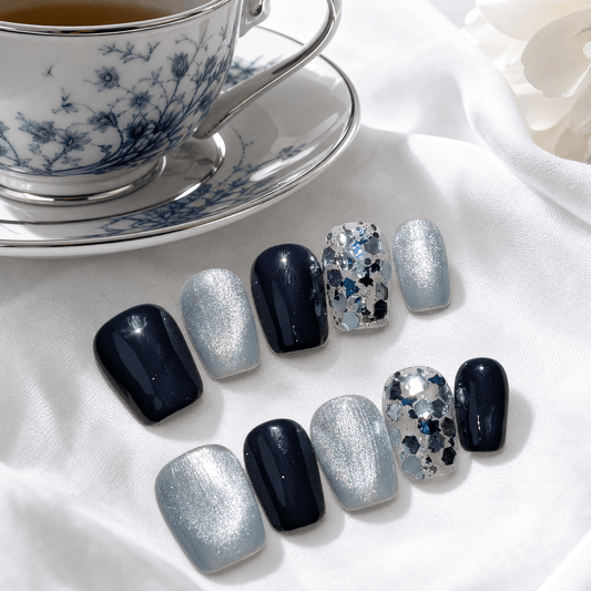 Calm Storm handmade press on nails in indigo and silver in short square. 