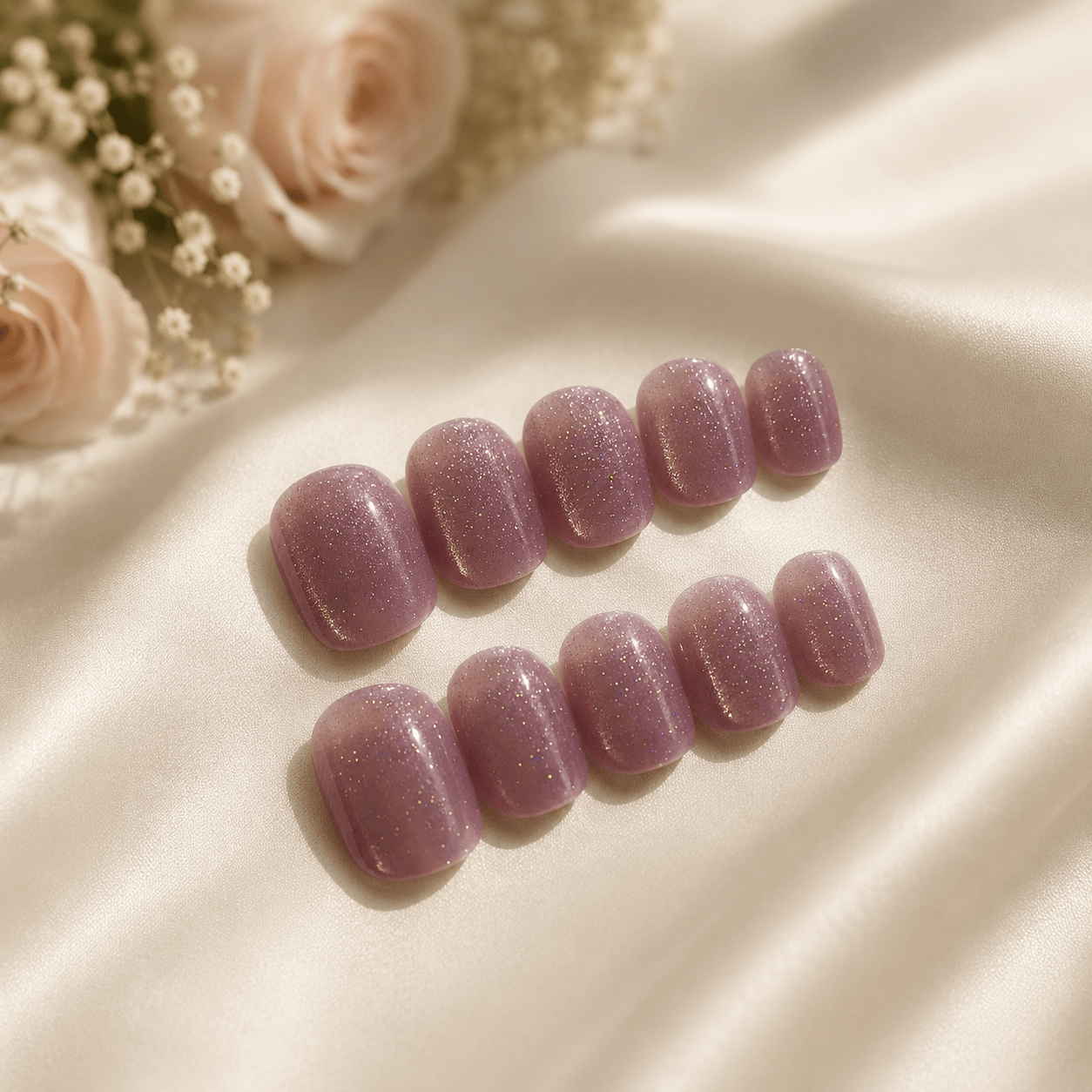 Calm Storm handmade press on nails in glittering lavender in extra short.  