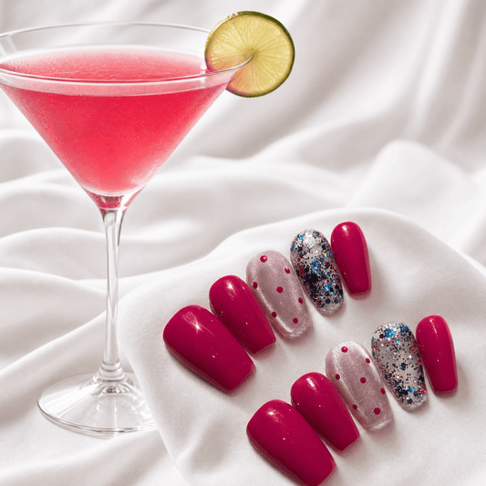 Calm Storm handmade press on nails in hot pink with glitter and dot design in square shape. 
