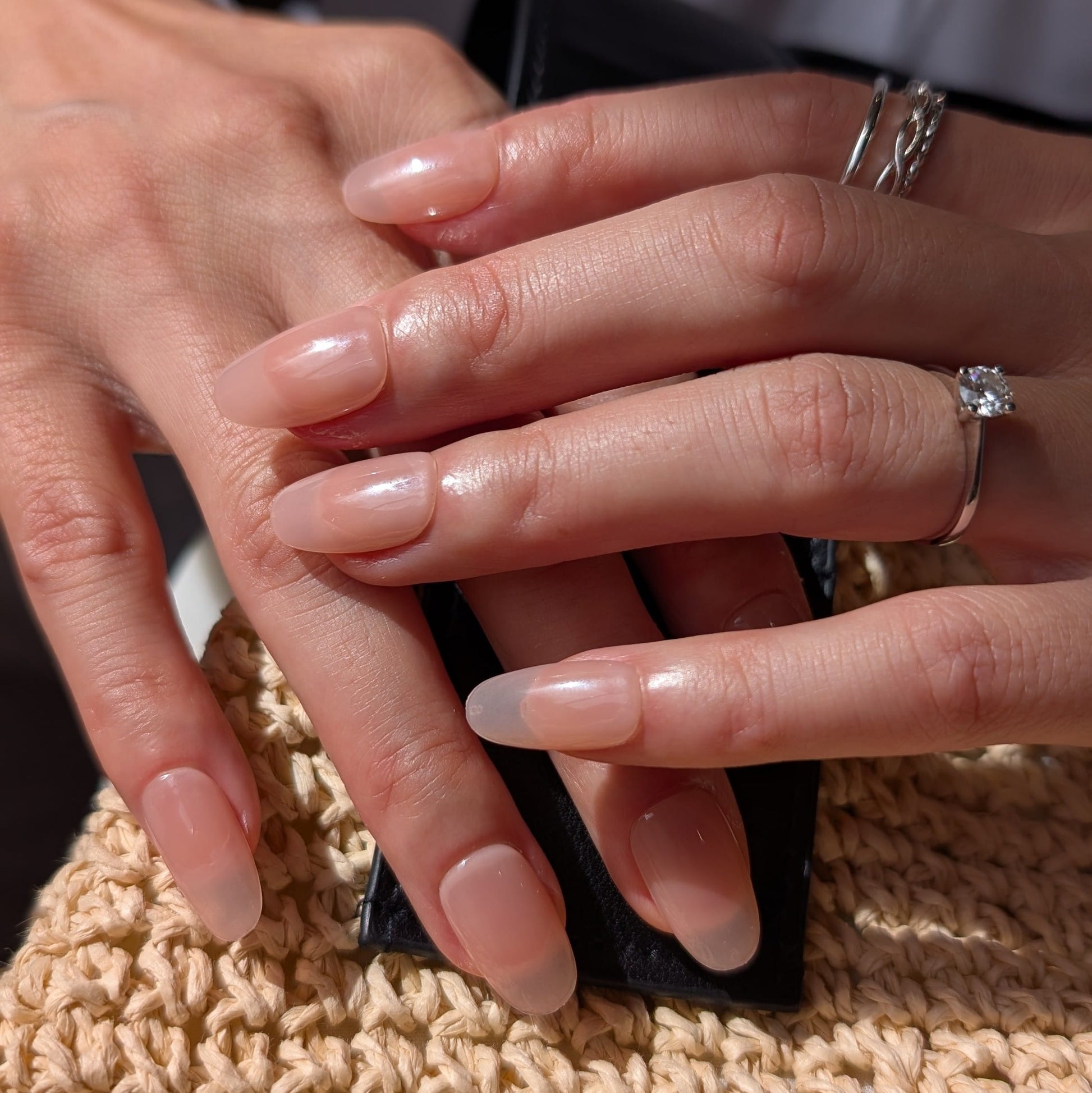 Ultra luxury nude press-on nails in natural oval. 