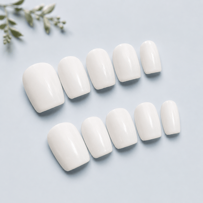 Calm storm handmade press on nails in pure white in square.