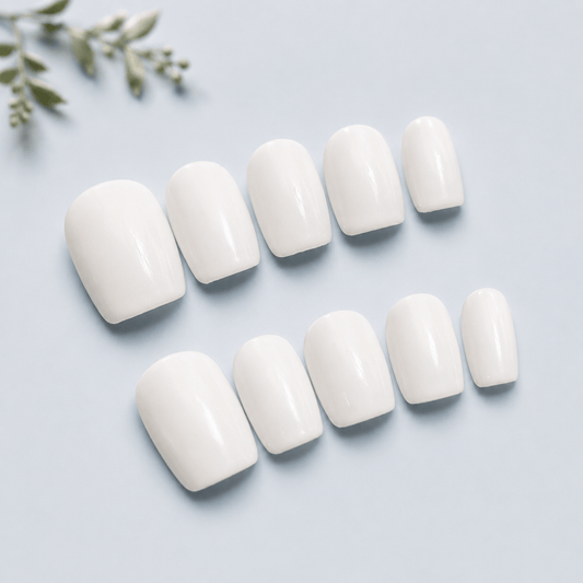 Calm storm handmade press on nails in pure white in square.
