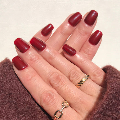 Handmade salon quality press-on nails in rich Burgundy red short square. 
