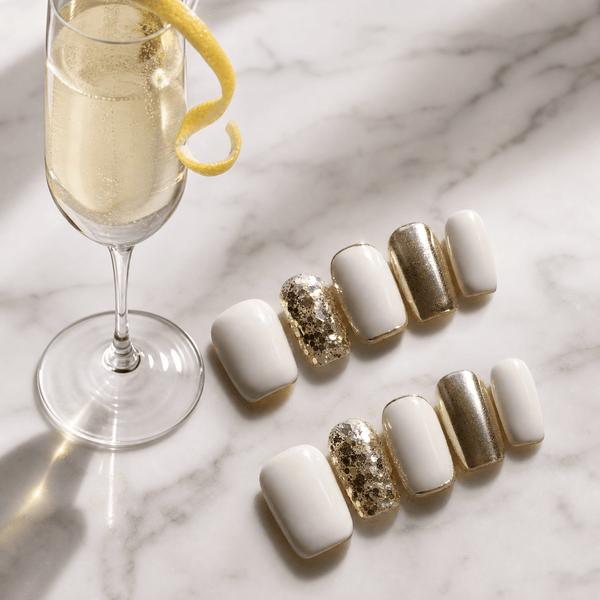 Calm Storm handmade press on nails in contemporary white and gold in medium square. 